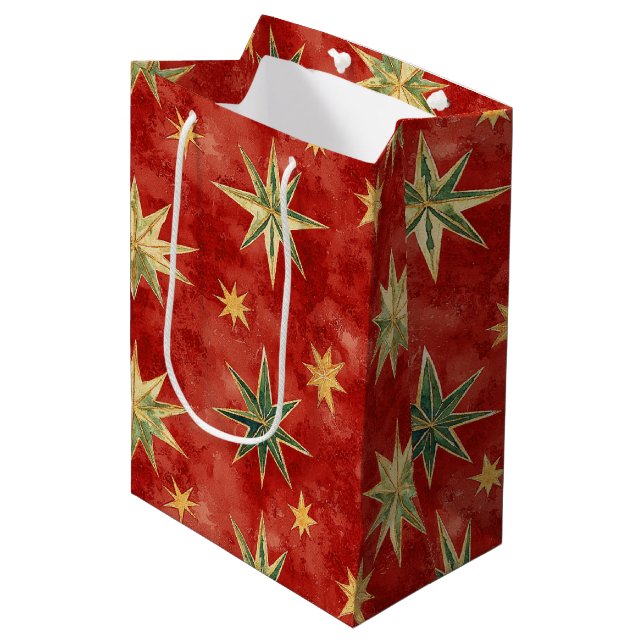 Red Green Gold Stars Christmas Mittlere Geschenktüte (Vorderseite Schrägansicht)