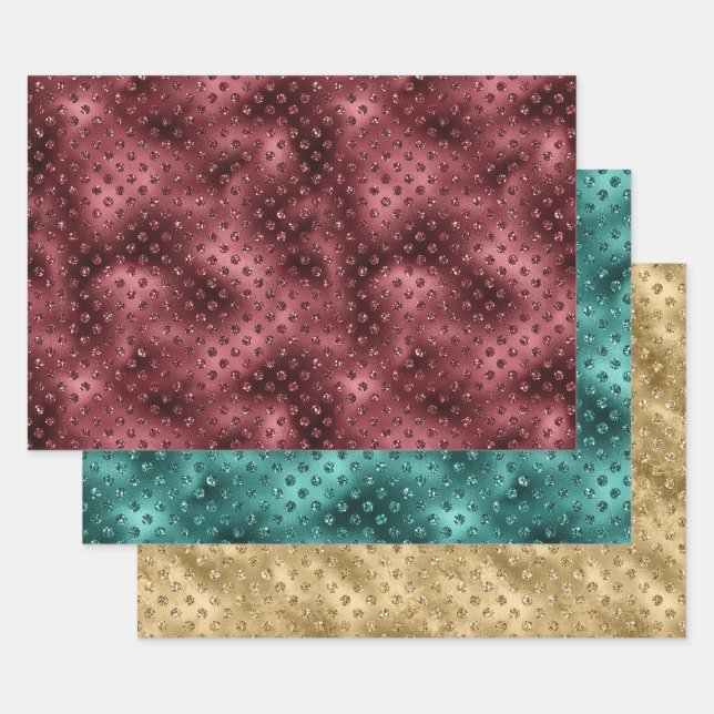 Red Green Gold Weihnachts Glitzer Dots Geschenkpapier Set (Set)