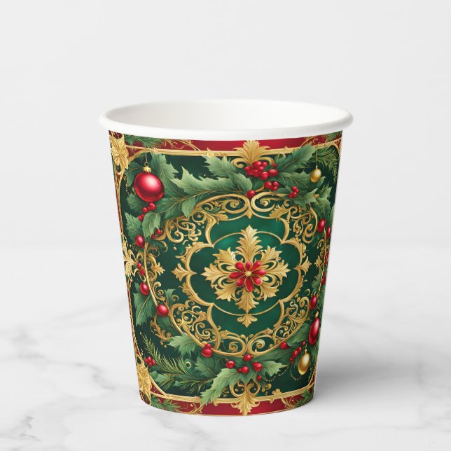 Red Green Gold Weihnachtszeitung Cups Pappbecher (Rückseite)