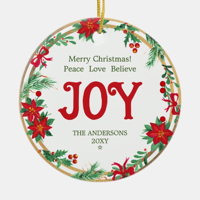 Red Green Gold Wreath Joy Modern Frohe Weihnachten Keramik Ornament (Vorne)