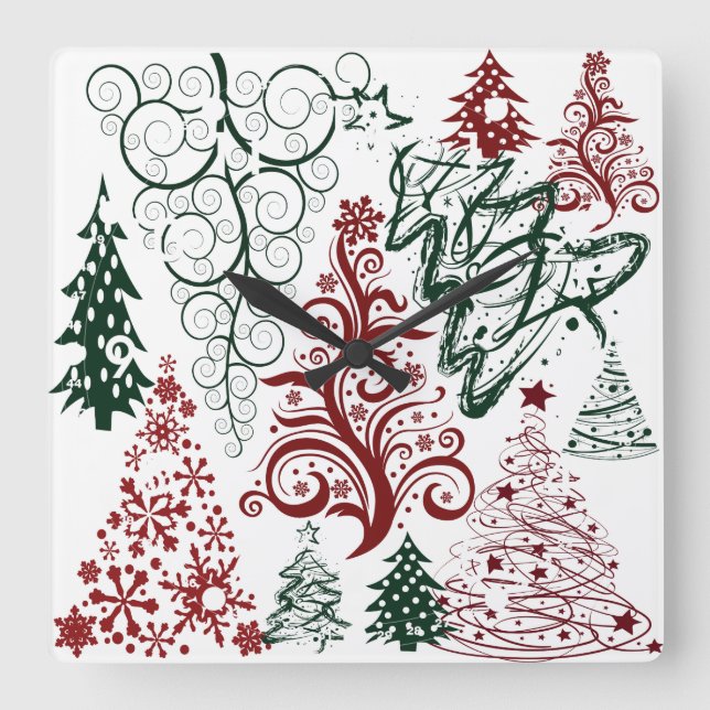 Red Green Holiday Christmas Tree Pattern Quadratische Wanduhr (Vorderseite)