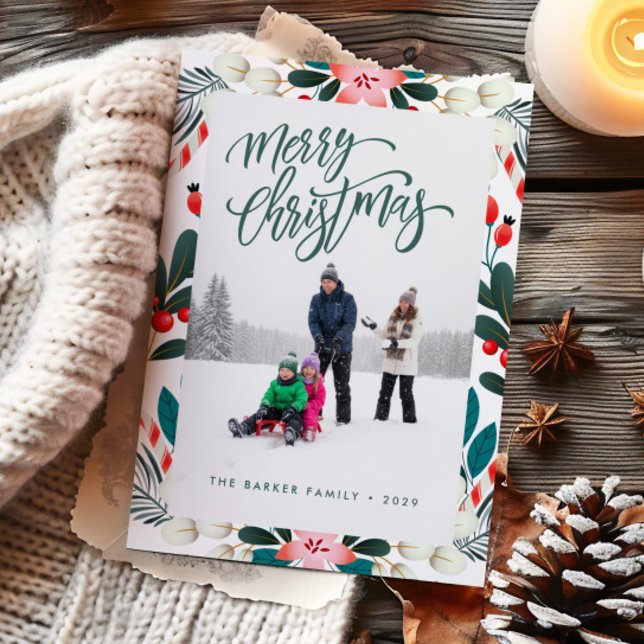 Red Green Holiday Florals Carte de Noël photo (Créateur téléchargé)