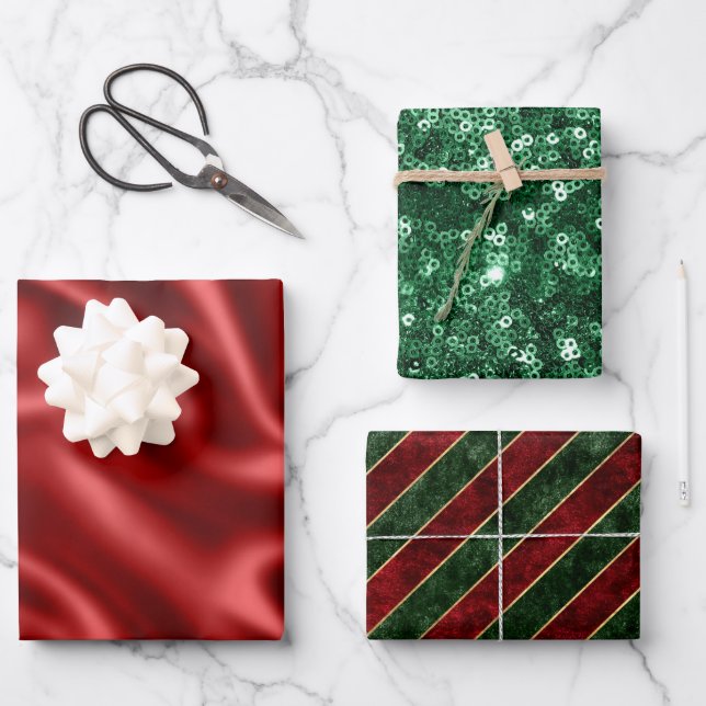 Red & Green Holiday Satin & Glitzer Weihnachten Geschenkpapier Set (Vorderseite)