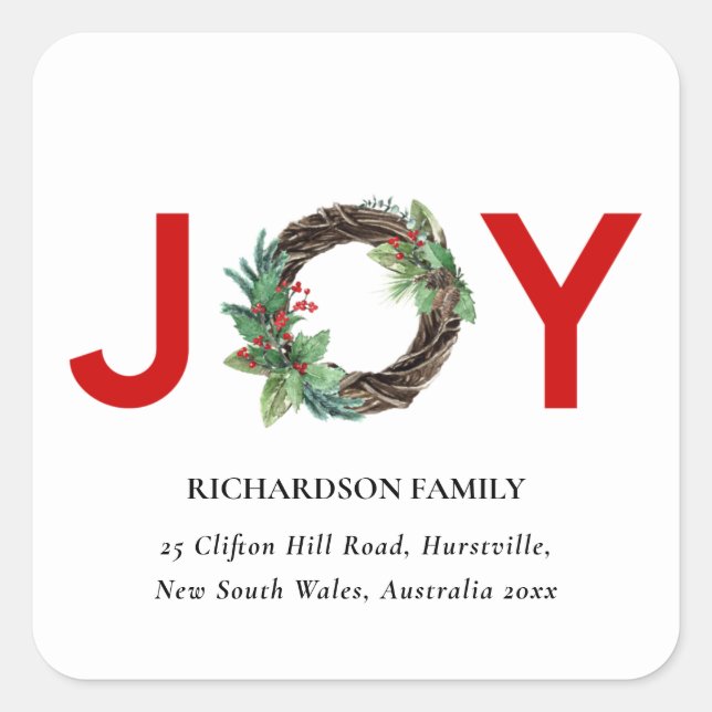 RED GREEN HOLLY BERRY JOY WREATH CHRISTMAS-ADRESSE QUADRATISCHER AUFKLEBER (Vorderseite)