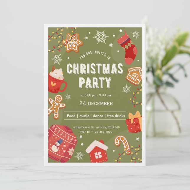 Red & Green Illustrative Christmas Party Invita Einladung (Stehend Vorderseite)