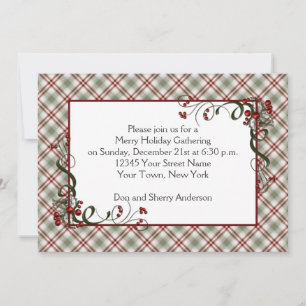 Red Green Kariert Holes Berries Ribbon Einladung