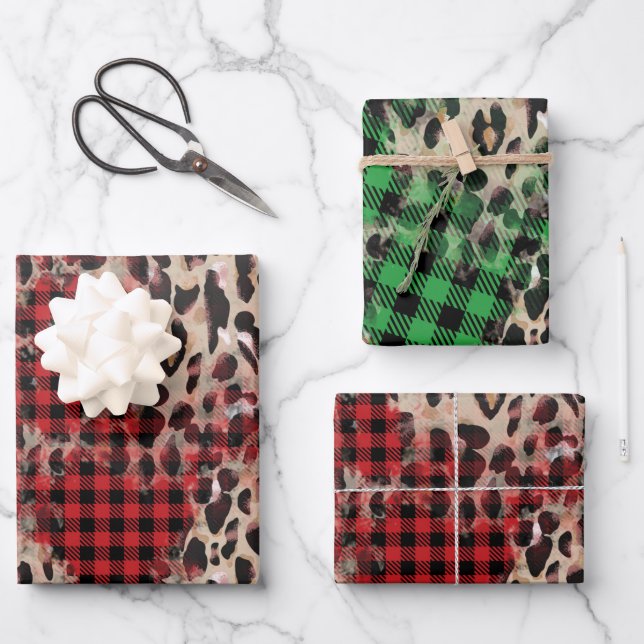 Red & Green Kariert und Cheetah Funky Christmas Geschenkpapier Set (Vorderseite)