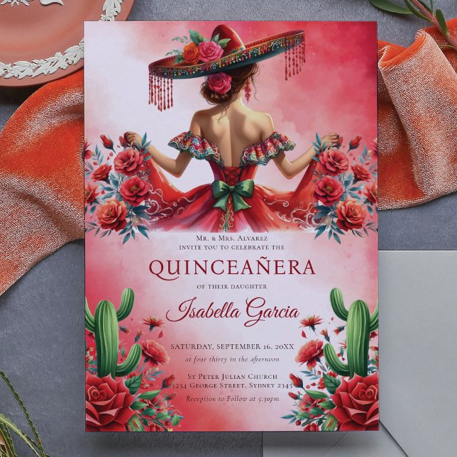 Red Green mexikanischen Stil Quinceañera Einladung (Von Creator hochgeladen)