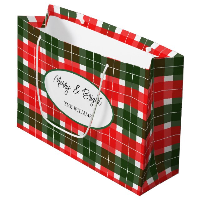 Red Green Modern Tartan Weihnachtsmuster Große Geschenktüte (Vorderseite Schrägansicht)