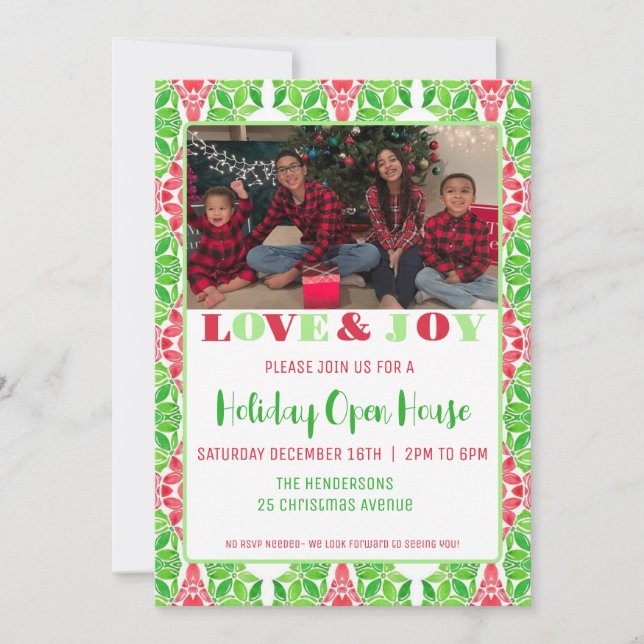 Red & Green Mosaic Holiday Open House Invitation (Devant)