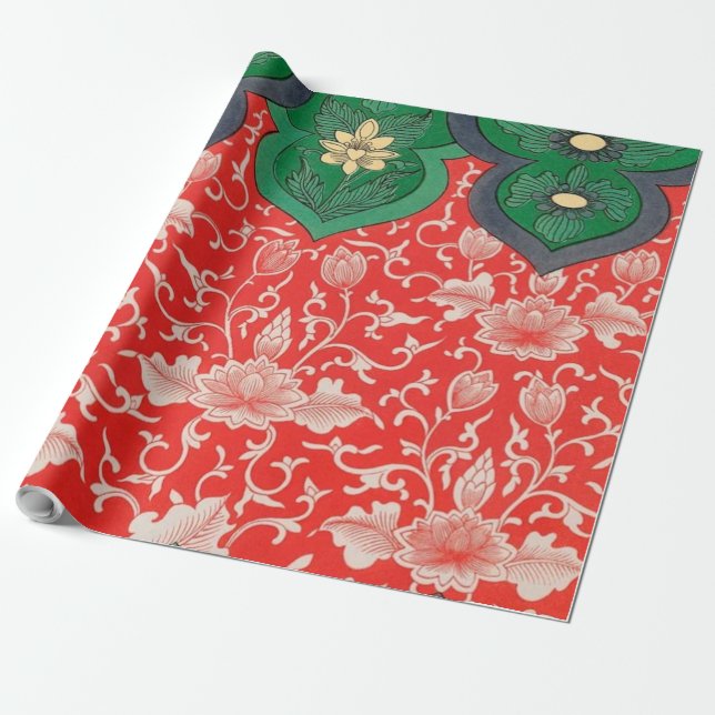 Red & Green Mystic Lotus Asiatisch Abstrakt Geschenkpapier (Ungerollt)