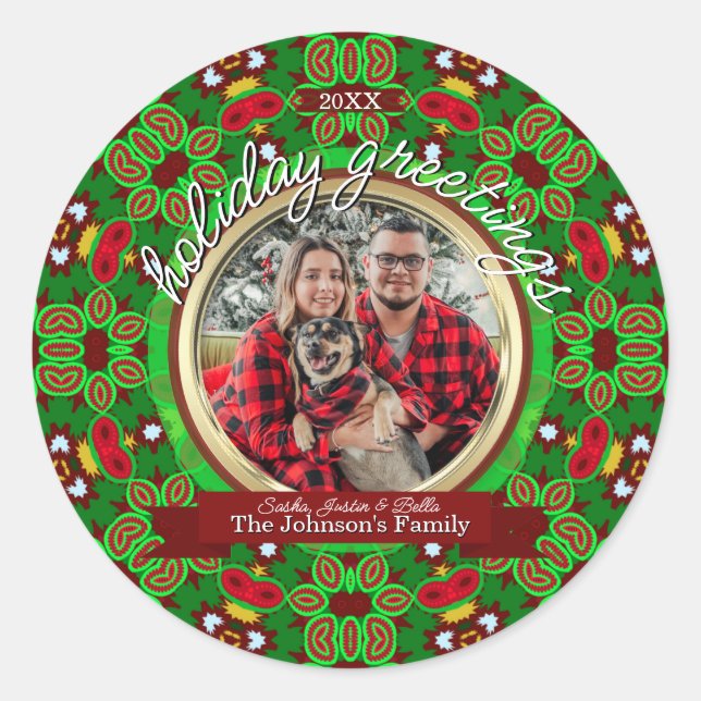 Red Green Natal Holiday Energy Custom Photo Runder Aufkleber (Vorderseite)