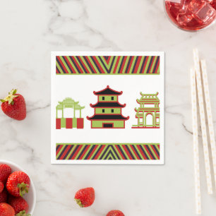 Red Green Pagoda Stripe Chinesisch Serviette
