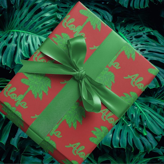 Red Green Palm Aloha Tropical Holiday Geschenkpapier (Red and green tropical gift wrap)