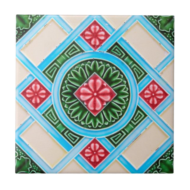 Red Green Peranakan Floral Geometric Ornamental Fliese (Vorderseite)