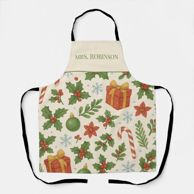 Red Green Pine and Berries Holiday Boho Wassercolo Schürze (Vorderseite)