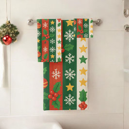 Red Green Pine and Berry Stripes Holiday Boho Badhandtuch Set