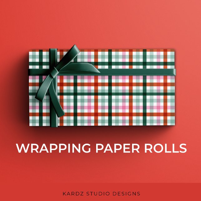 Red Green Pink Christmas Gingham Geschenkpapier (Modern Gingham Christmas gift-wrapping roll, with pink, red, and green a trendy holiday pattern.)