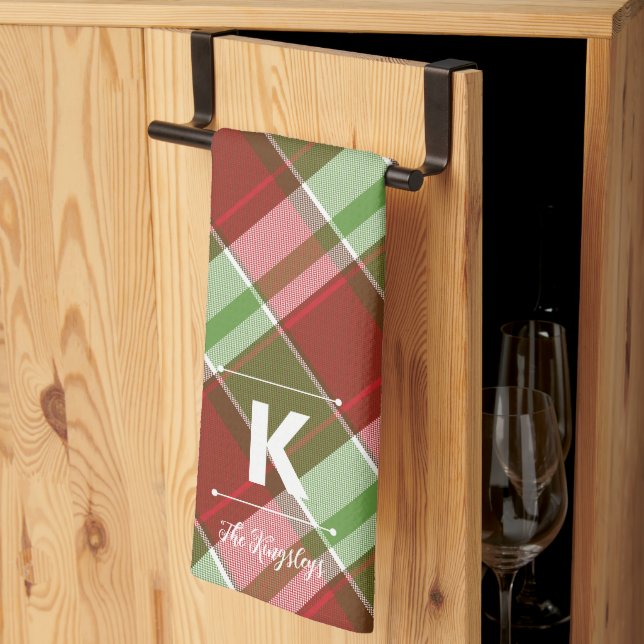 Red Green Plaid Christmas Personalized Monogram Geschirrtuch (Drittel gefaltet)