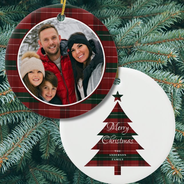 Red Green Plaid Photo Christmas Tree Keramik Ornament (Von Creator hochgeladen)