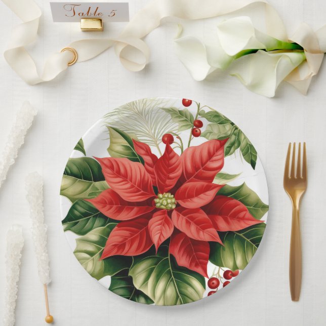 Red Green Poinsettia Holly Berry Weihnachtsferien Pappteller (Hochzeit)
