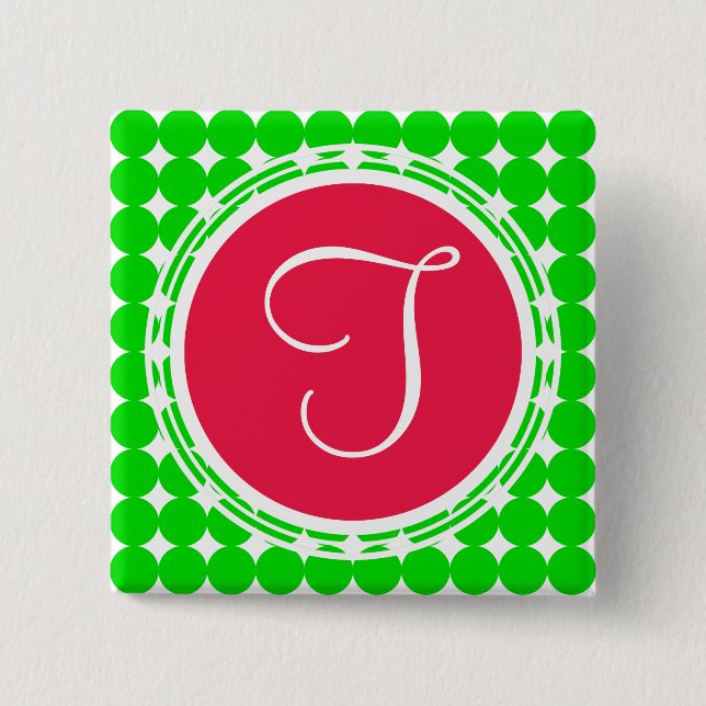 Red & Green Polka Dot Monogram Button (Vorderseite)