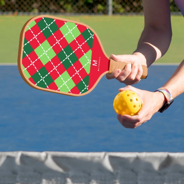 Red Green Raute Diamonds Patterns Monogram Pickleball Schläger (InSitu)