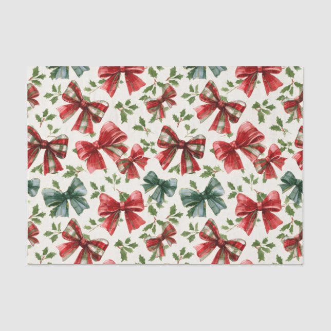 Red Green Retro Plaid Bows Christmas Seidenpapier (Vorderseite)