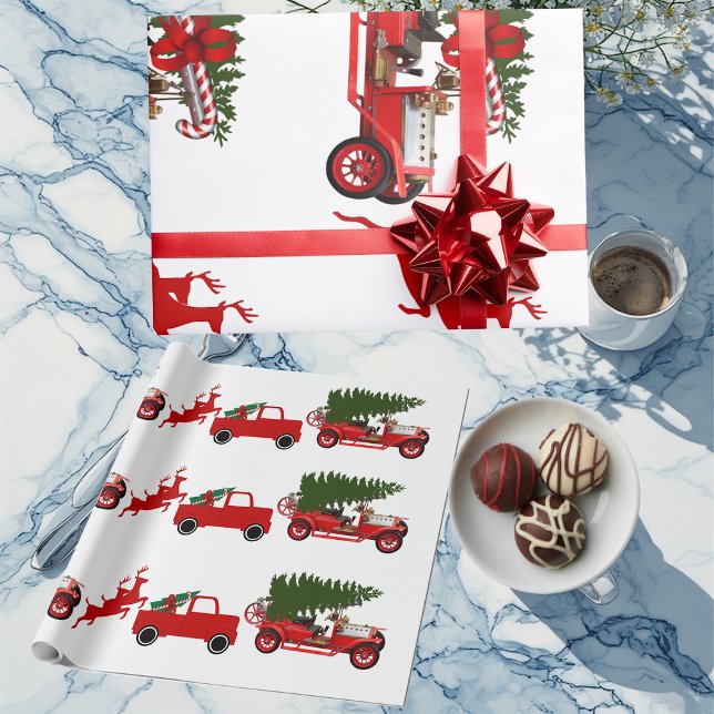 Red Green Retro Truck Rentiere Weihnachtsfracht Geschenkpapier (Red Green Retro Truck Reindeer Christmas Cargo Wrapping Paper)