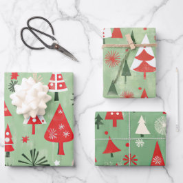 Red Green Retro Weihnachtsbaumen Geschenkpapier Set