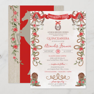 Red Green Rustic Boho Western Charra Quinceanera Einladung