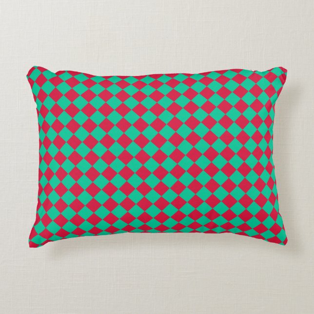 Red Green Schachbrett Diamond Pattern Dekokissen (Vorderseite)