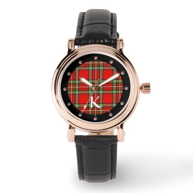 RED GREEN SCOTTISH TARTAN ,PINK GEMSTONES MONOGRAM ARMBANDUHR (Vorderseite)