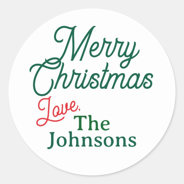 Red Green Script Individuelle Name Frohe Weihnacht Runder Aufkleber (Vorderseite)