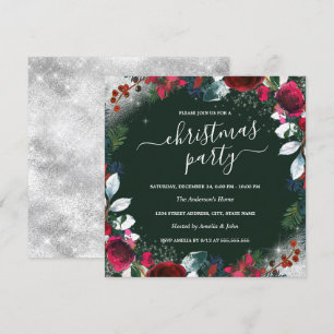 Red Green Silver Sparkle Wreath Weihnachts-Party Einladung