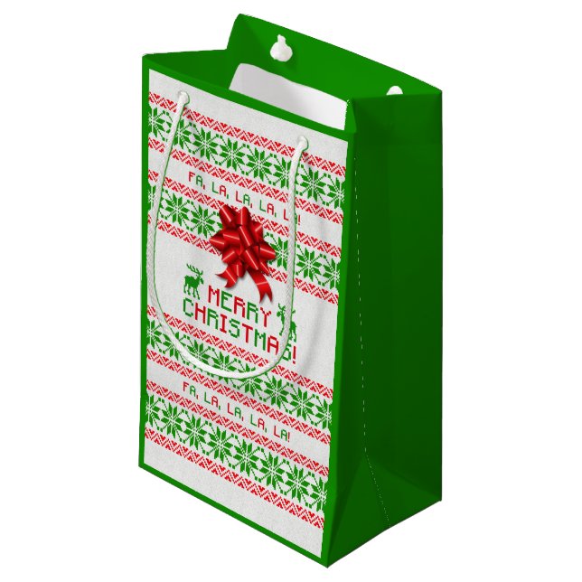 Red Green Snowflake Bow Ugly Christmas Sweater Kleine Geschenktüte (Vorderseite Schrägansicht)