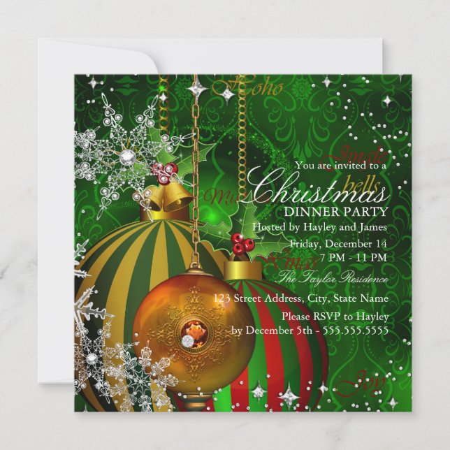 Red green Snowflake Weihnachts-Dinner Party Einladung (Vorderseite)