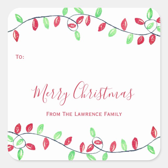 Red Green String Lights Weihnachtsgeschenk Tag Quadratischer Aufkleber (Vorderseite)