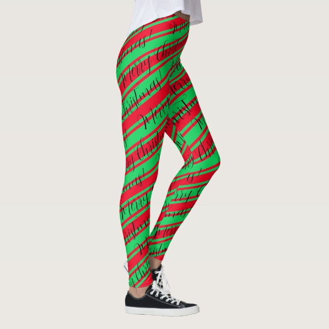 Red Green Stripe Candy Cane Frohe Weihnachten Leggings (Rechts)