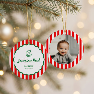 Red & Green Striped Baptism Photo Keramik Ornament