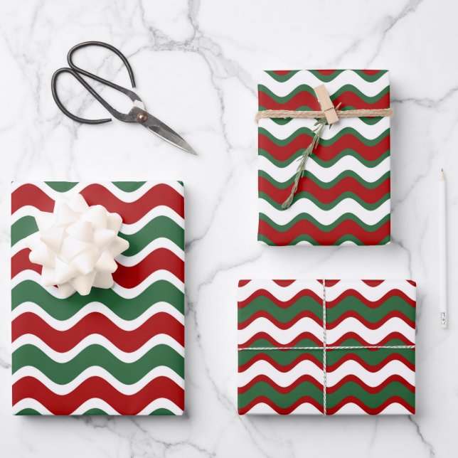 Red Green Stripes Muster Weihnachten Geschenkpapier Set (Vorderseite)