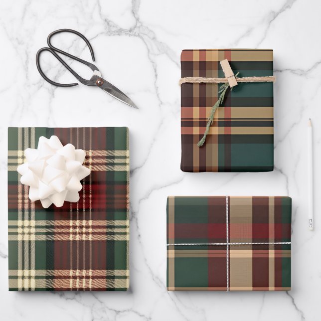 RED GREEN TAN WINTER FERIENURLAUB KARIERTES MUSTER GESCHENKPAPIER SET (Vorderseite)