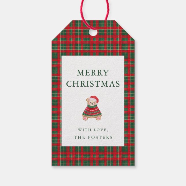 Red Green Tartan Kariert Teddy Weihnachtsgeschenke Geschenkanhänger (Vorderseite)