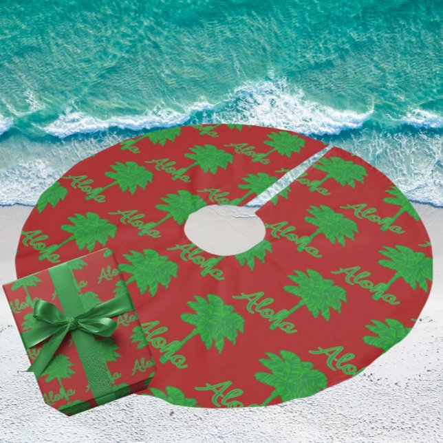 Red Green Tropical Palm Tree Aloha Tree Skirt Polyester Weihnachtsbaumdecke (Green palms on rich red background)