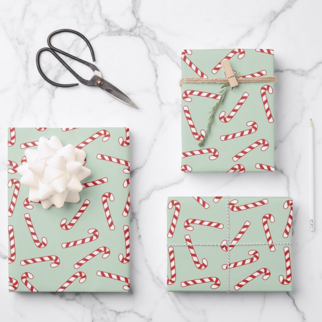 Red, Green und White Candy Cane Weihnachtsmuster Geschenkpapier Set (Vorderseite)
