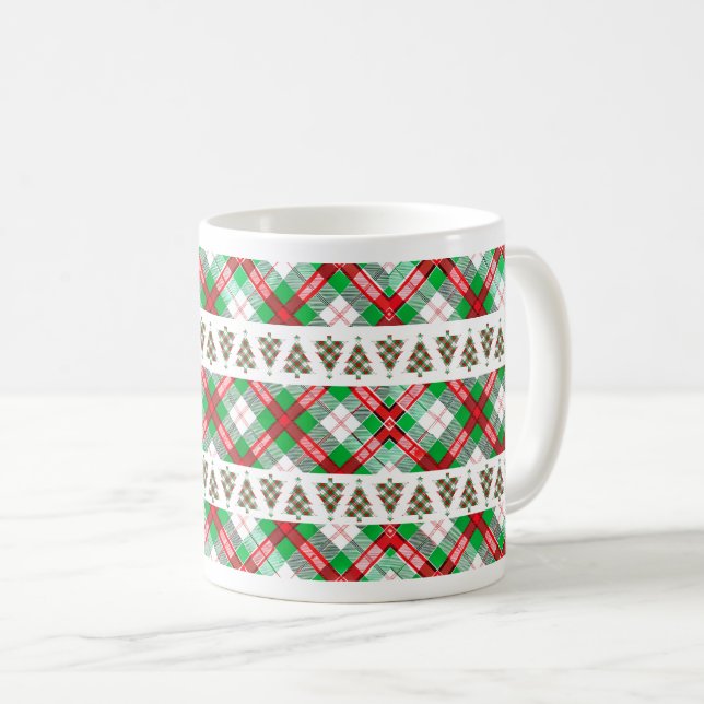 Red Green Vintage Christmas Tree Plaid Pattern Kaffeetasse (VorderseiteRechts)
