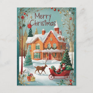 Red Green Vintage Père Noël Sleigh Christmas Carte