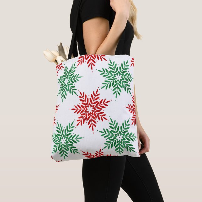 Red & Green Watercolor Snowflake Muster 2 Tasche (Von Nahem)