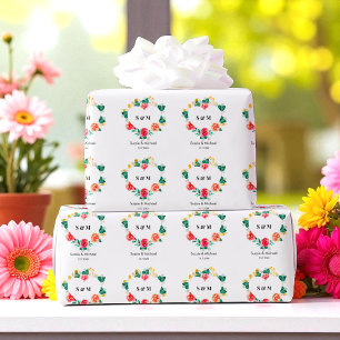 Red Green Wedding Heart Floral Geschenkpapier