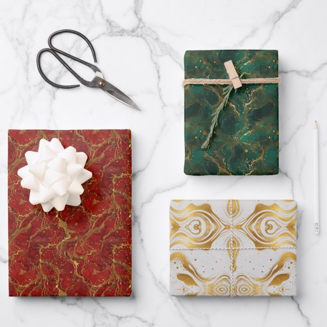 Red Green White Abstrakt Gold Glitzer Posing Geschenkpapier Set (Vorderseite)